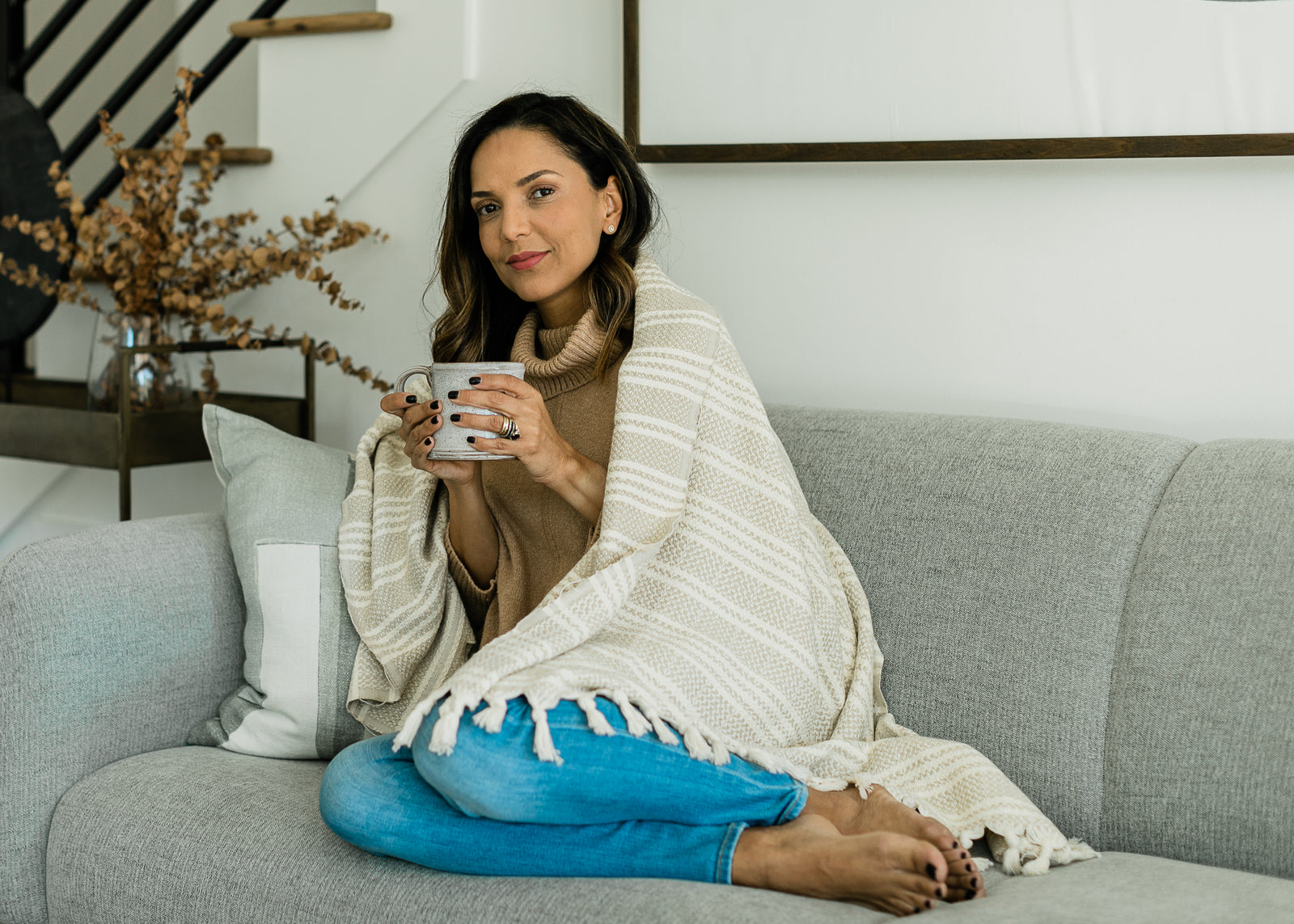 Turkish towel cozy on couch hygge